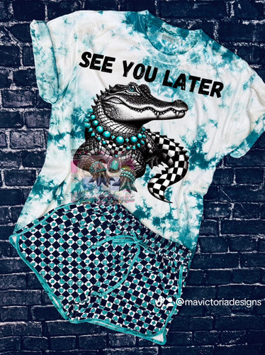 See you later alligator turquoise stone checkered gator 🐊 turquoise tie dye graphic tee unisex fit - Mavictoria Designs Hot Press Express