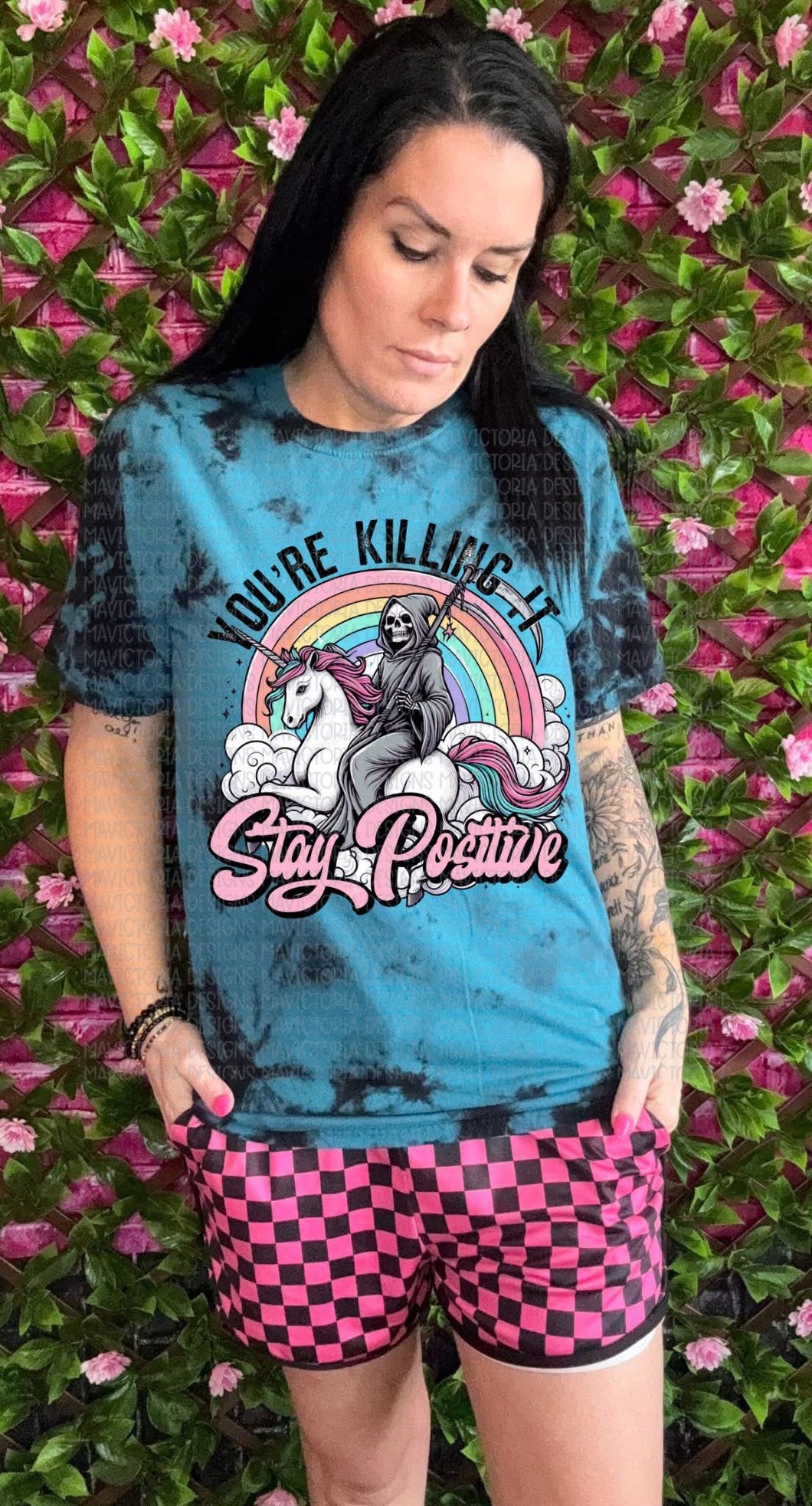 Teal and black tie dye graphic tee you’re killing it STAY POSITIVE skellie - Mavictoria Designs Hot Press Express