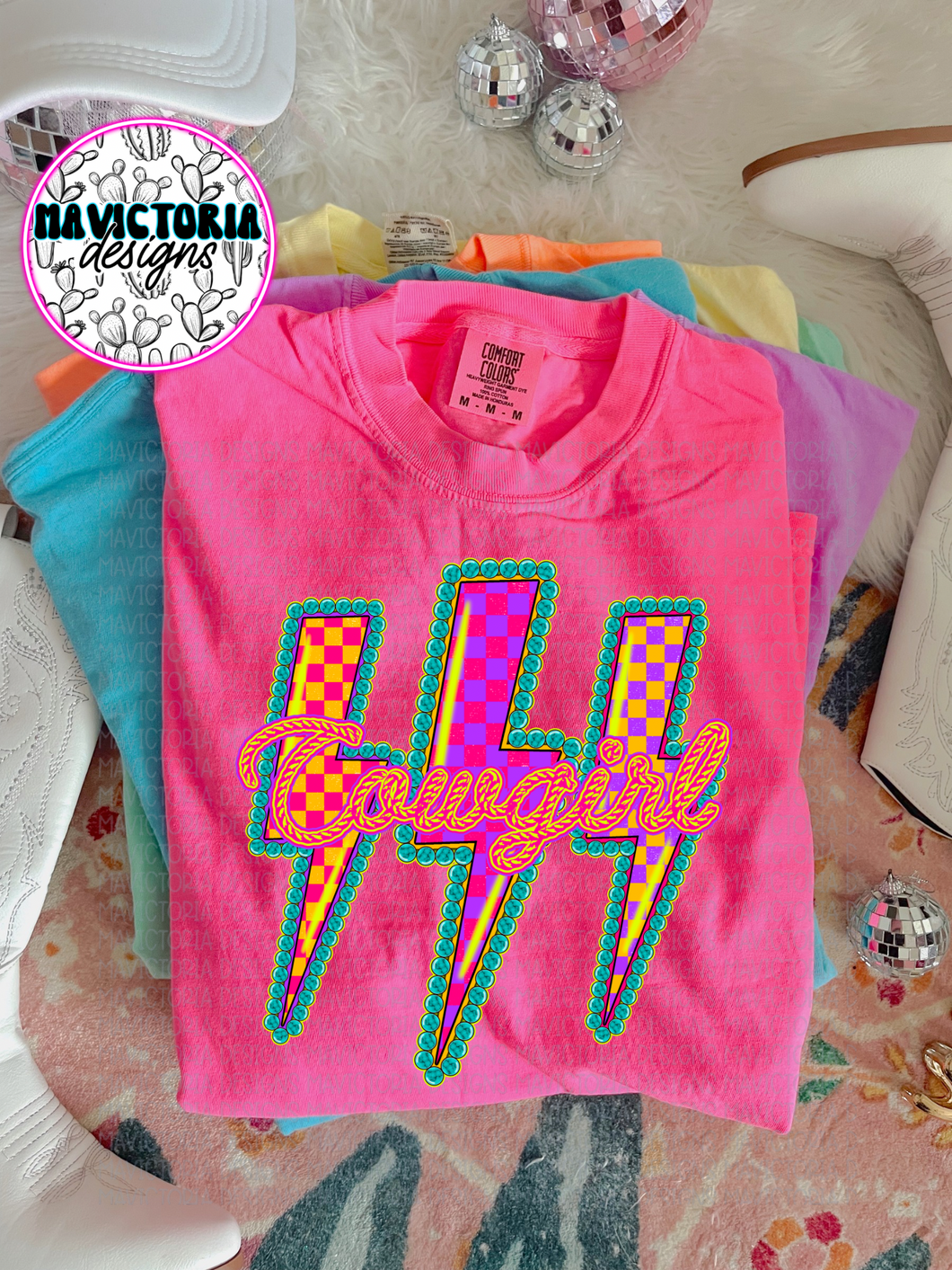 COWGIRL checkered lightning trio western graphic tee (choose your color) - Mavictoria Designs Hot Press Express