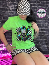 Load image into Gallery viewer, Neon green checkered HORROR COLLECTION graphic tee - Mavictoria Designs Hot Press Express
