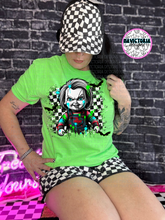Load image into Gallery viewer, Neon green checkered HORROR COLLECTION graphic tee - Mavictoria Designs Hot Press Express
