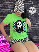 Load image into Gallery viewer, Neon green checkered HORROR COLLECTION graphic tee - Mavictoria Designs Hot Press Express
