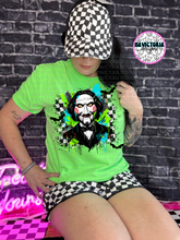 Load image into Gallery viewer, Neon green checkered HORROR COLLECTION graphic tee - Mavictoria Designs Hot Press Express
