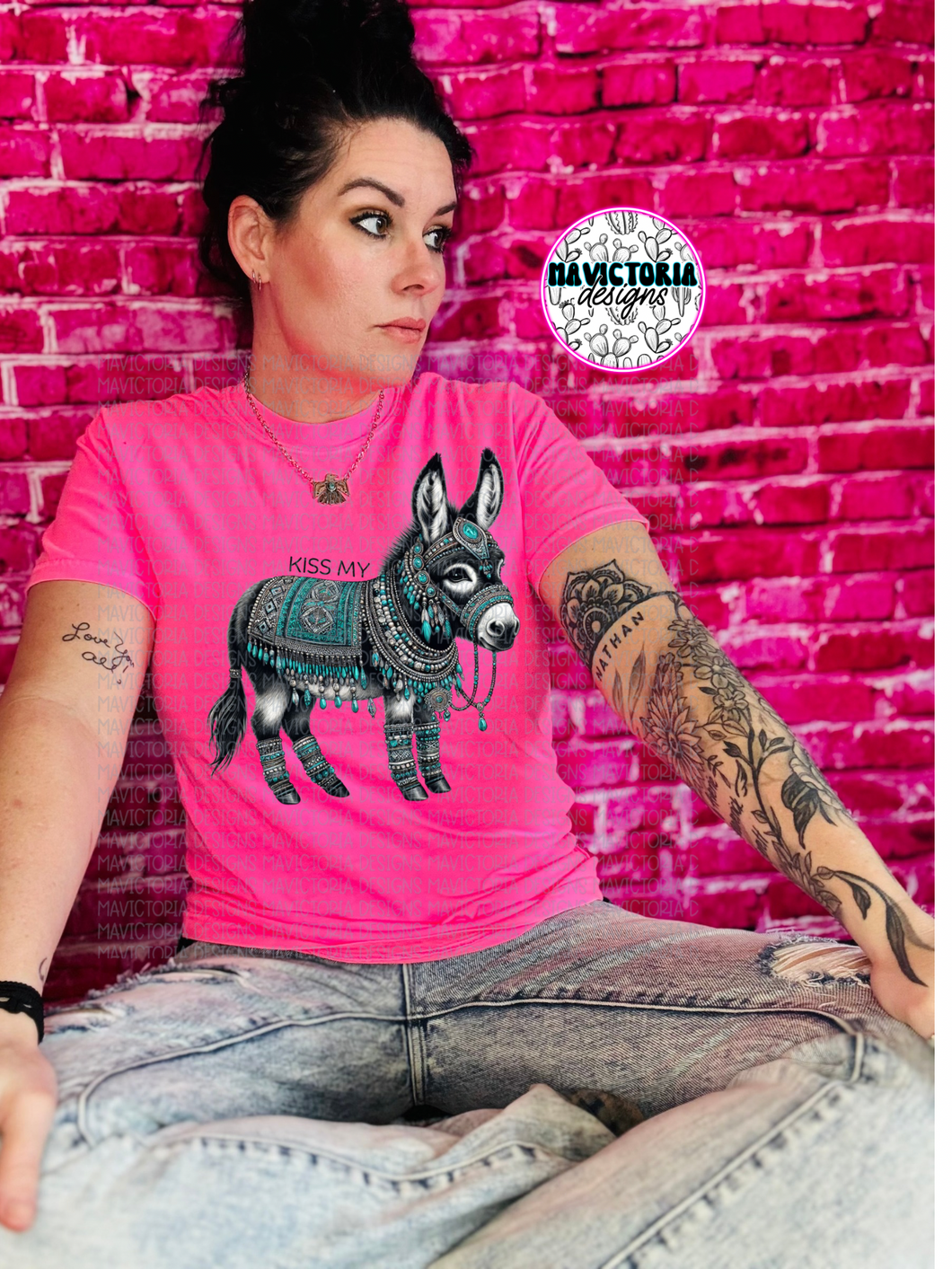KISS MY (ass) DONKEY funny on neon pink graphic tee or tank - Mavictoria Designs Hot Press Express
