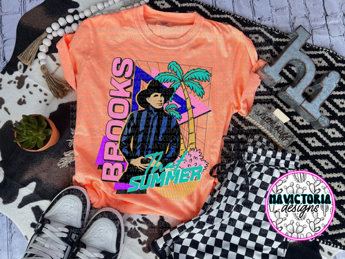 Garth Brooks THAT SUMMER on neon coral graphic TEE - Mavictoria Designs Hot Press Express