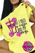 Load image into Gallery viewer, All I need is coffee and my dog dogs cat cats on neon lemon CC graphic tee
