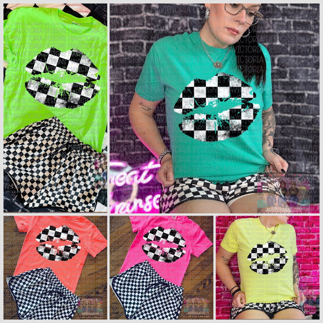 Checkered lips comfort colors graphic tee - Mavictoria Designs Hot Press Express