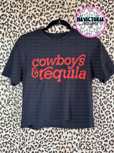 COWBOYS AND TEQUILA IN RED on comfort colors BLACK crop top graphic tee - Mavictoria Designs Hot Press Express
