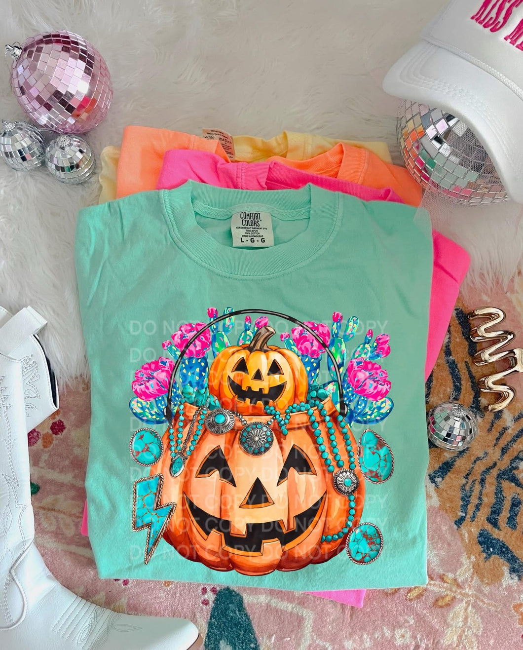 Turquoise floral pumpkin western graphic tee on comfort colors - Mavictoria Designs Hot Press Express