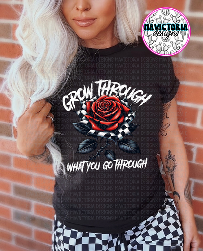GROW THROUGH WHAT YOU GO THROUGH checkered rose on black hoodie, crewneck, long sleeve or tee - Mavictoria Designs Hot Press Express