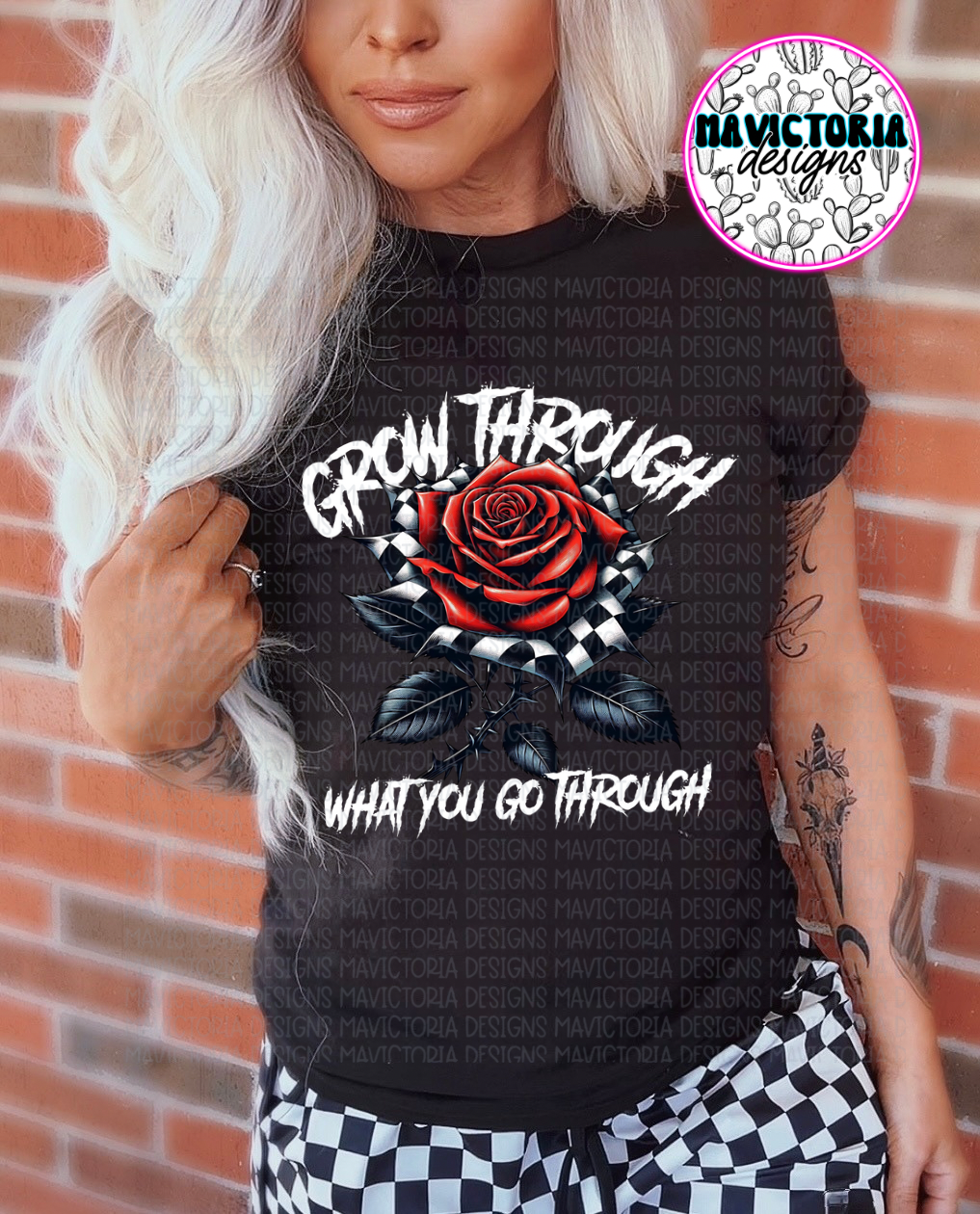 GROW THROUGH WHAT YOU GO THROUGH checkered rose on black hoodie, crewneck, long sleeve or tee - Mavictoria Designs Hot Press Express