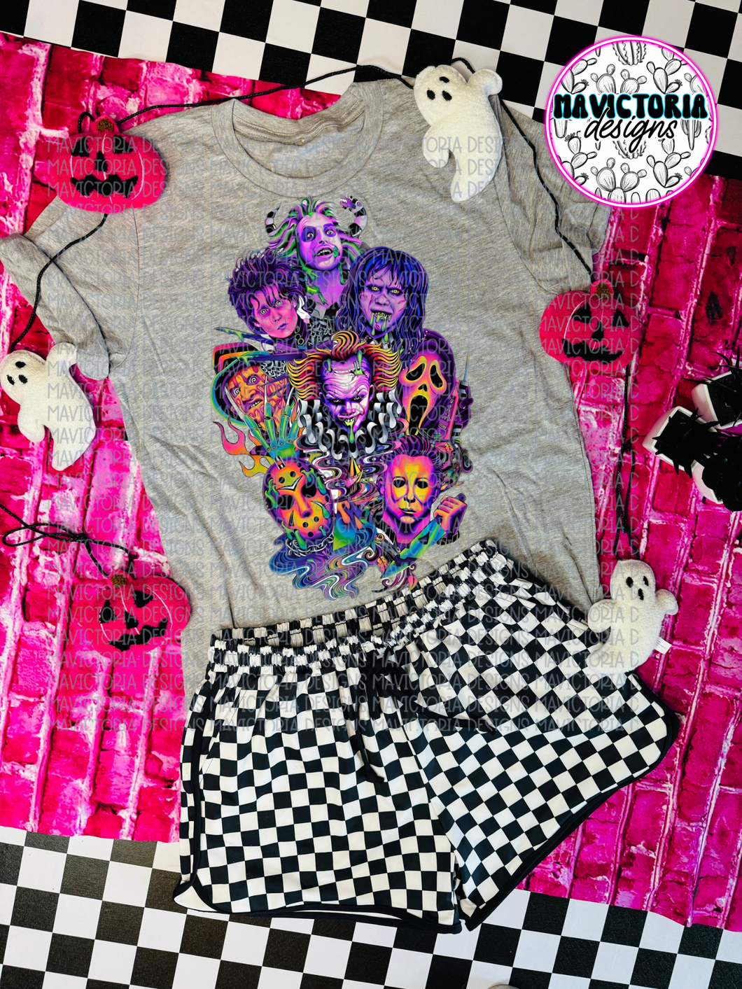 NEON HORROR FACES on grey hoodie, crewneck, long sleeve or tee - Mavictoria Designs Hot Press Express