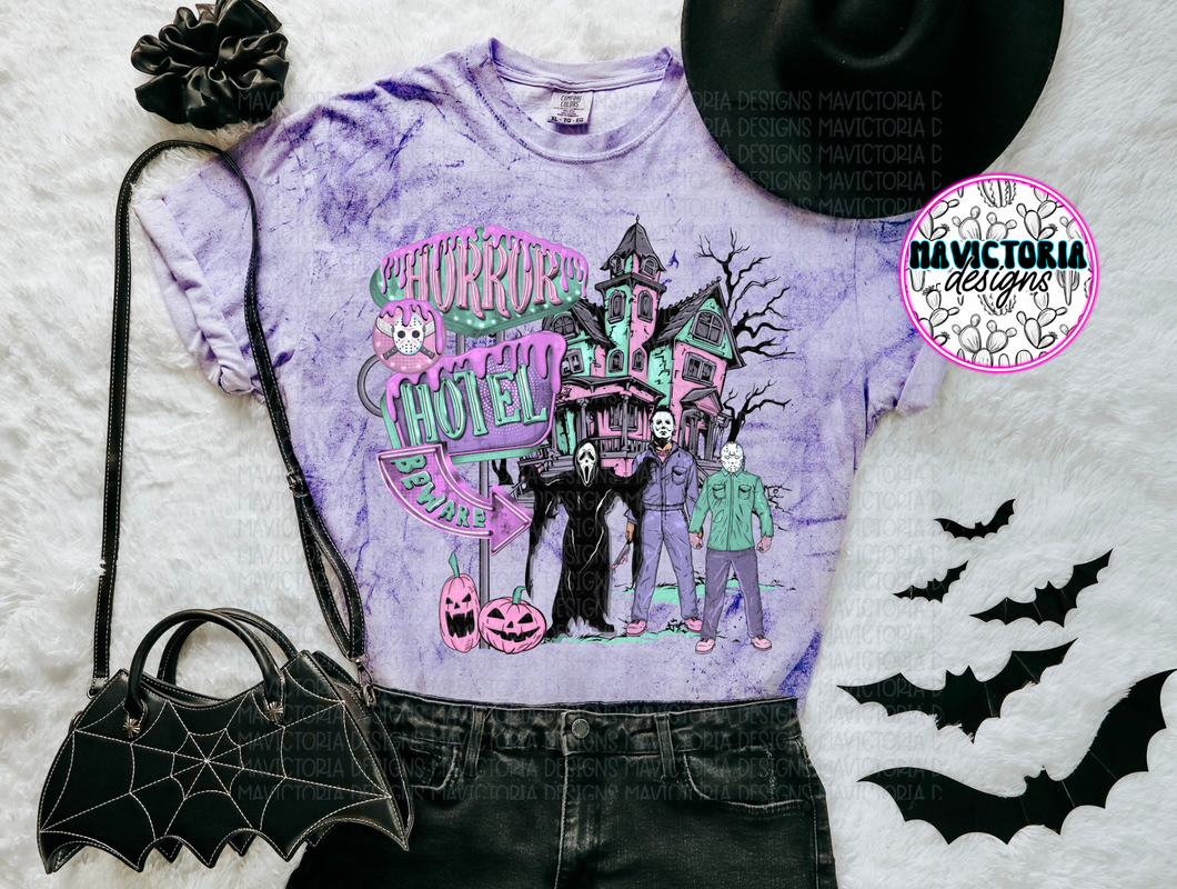 Pastel horror hotel Purple tie dye comfort colors graphic tee - Mavictoria Designs Hot Press Express