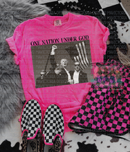 Load image into Gallery viewer, ONE NATION UNDER GOD neon pink T R U M P graphic TEE - Mavictoria Designs Hot Press Express
