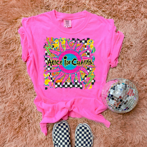 Alice in chains graphic tee on NEON PINK COMFORT COLORS - Mavictoria Designs Hot Press Express