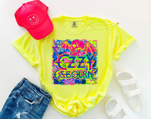 Ozzy osborne graphic tee on NEON LEMON COMFORT COLORS - Mavictoria Designs Hot Press Express