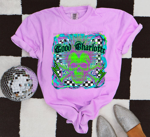 Good charlotte graphic tee on NEON VIOLET COMFORT COLORS - Mavictoria Designs Hot Press Express