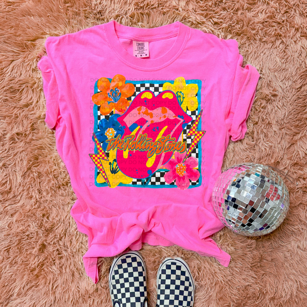 The rolling stones band graphic tee on NEON PINK COMFORT COLORS - Mavictoria Designs Hot Press Express