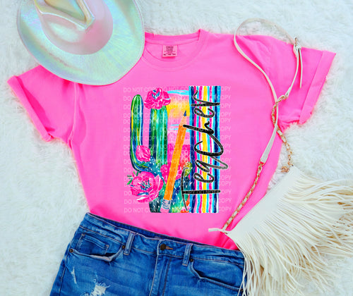 Teacher with cactus and pencil on neon pink comfort colors graphic tee - Mavictoria Designs Hot Press Express