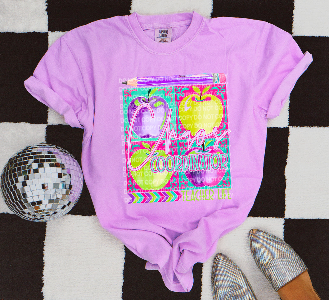 Chaos Coordinator on neon violet comfort colors graphic tee - Mavictoria Designs Hot Press Express