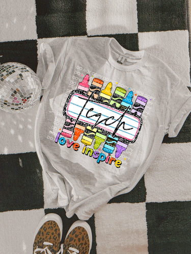 Teach love inspire crayons on white comfort colors graphic tee - Mavictoria Designs Hot Press Express