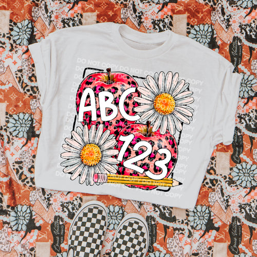 ABC 123 leopard apples on white comfort colors graphic tee - Mavictoria Designs Hot Press Express