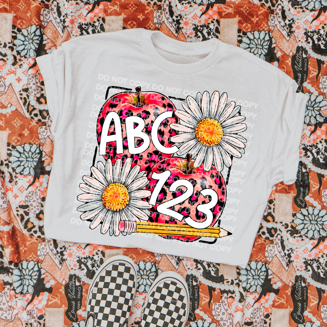 ABC 123 leopard apples on white comfort colors graphic tee - Mavictoria Designs Hot Press Express