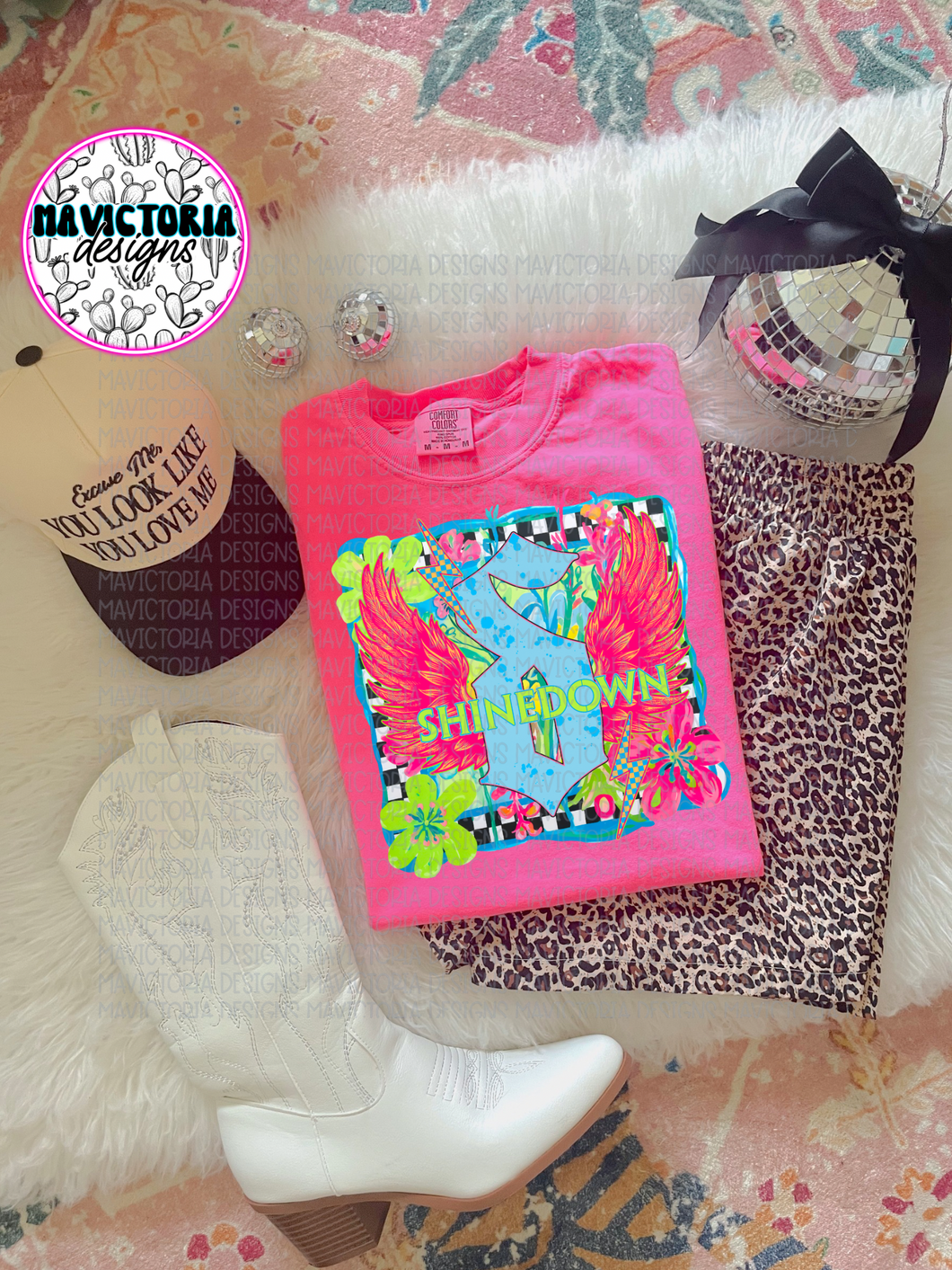 Shinedown band graphic tee on NEON PINK COMFORT COLORS - Mavictoria Designs Hot Press Express