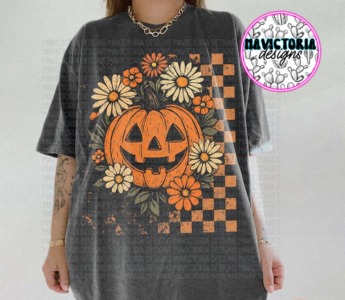 Retro floral pumpkin jack o lantern on pepper comfort colors graphic tee - Mavictoria Designs Hot Press Express