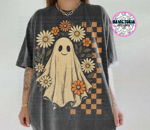 Retro floral ghost on pepper comfort colors graphic tee - Mavictoria Designs Hot Press Express
