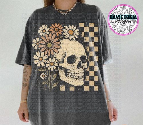 Retro floral skellie on pepper comfort colors graphic tee - Mavictoria Designs Hot Press Express
