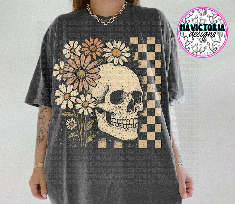 Retro floral skellie on pepper comfort colors graphic tee - Mavictoria Designs Hot Press Express