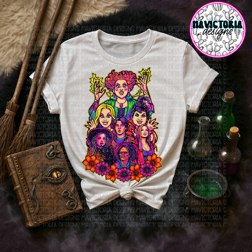 Neon hocus pocus cast on white comfort colors graphic tee - Mavictoria Designs Hot Press Express