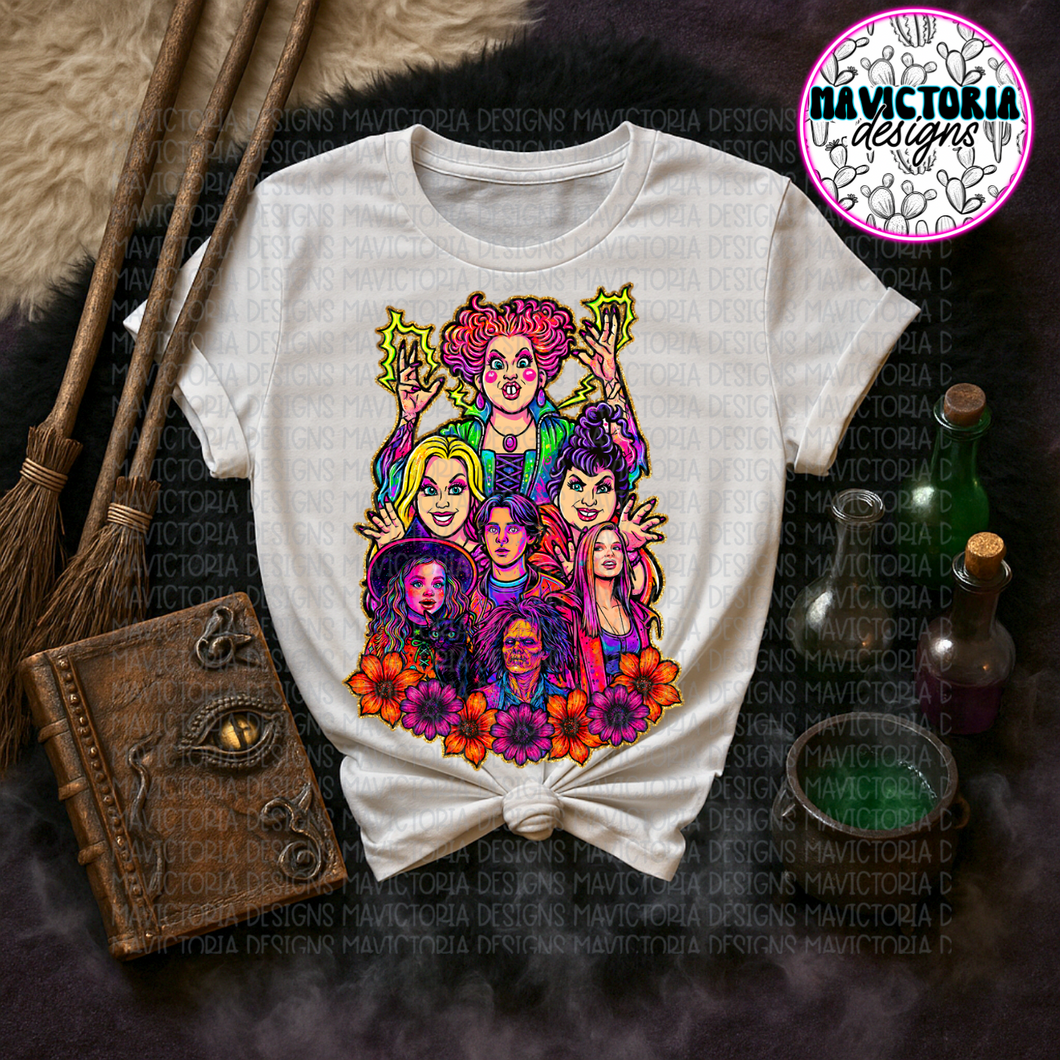 Neon hocus pocus cast on white comfort colors graphic tee - Mavictoria Designs Hot Press Express