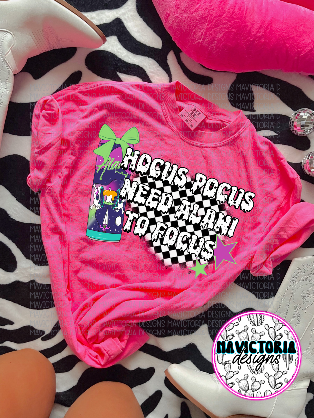 Hocus pocus i need alani to focus graphic tee on neon pink COMFORT COLORS - Mavictoria Designs Hot Press Express