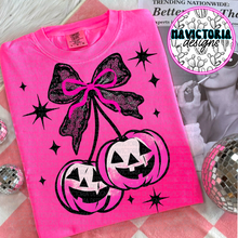 Load image into Gallery viewer, Neon pink coquette jack o lantern pumpkin cherries comfort colors graphic tee (you pick color) - Mavictoria Designs Hot Press Express
