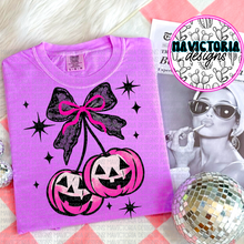 Load image into Gallery viewer, Neon pink coquette jack o lantern pumpkin cherries comfort colors graphic tee (you pick color) - Mavictoria Designs Hot Press Express
