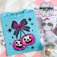 Load image into Gallery viewer, Neon pink coquette jack o lantern pumpkin cherries comfort colors graphic tee (you pick color) - Mavictoria Designs Hot Press Express
