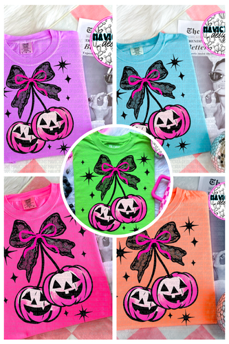 Neon pink coquette jack o lantern pumpkin cherries comfort colors graphic tee (you pick color) - Mavictoria Designs Hot Press Express