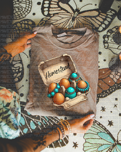 HOMESTEAD espresso brown comfort colors graphic tee turquoise and eggs - Mavictoria Designs Hot Press Express