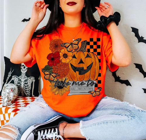 Take me to Halloweentown on Orange graphic tee - Mavictoria Designs Hot Press Express