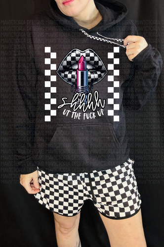 SHUT THE fuck UP CHECKERED LIPS hoodie, crewneck, long sleeve or tee - Mavictoria Designs Hot Press Express