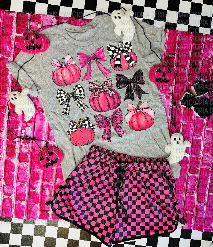 Pink pumpkin collage on gray graphic tee // pink and black checkered shorts available separately - Mavictoria Designs Hot Press Express