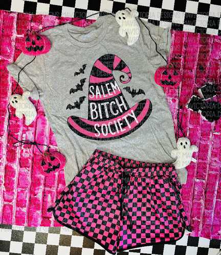 Salem bitch society on gray graphic tee // pink and black checkered shorts available separately - Mavictoria Designs Hot Press Express