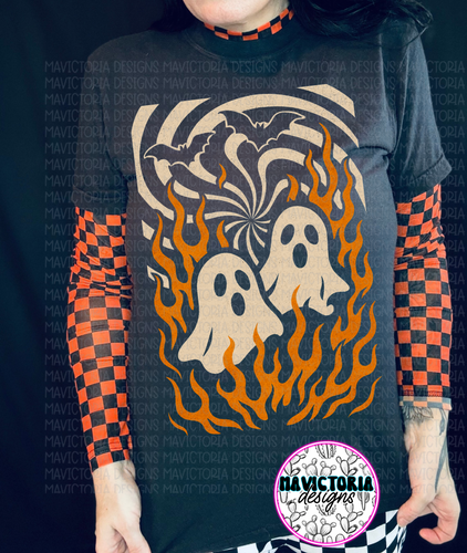 Flaming ghosts on black comfort colors graphic tee - Mavictoria Designs Hot Press Express