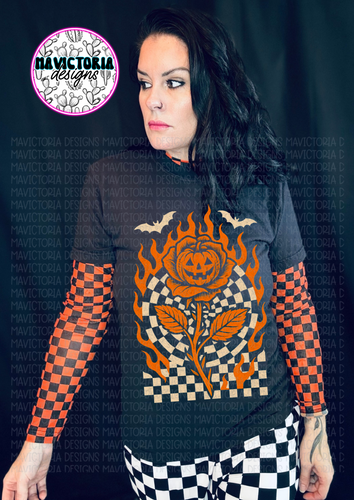 Pumpkin checkered rose on black comfort colors graphic tee - Mavictoria Designs Hot Press Express