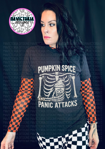Pumpkin spice and panic attacks on black comfort colors graphic tee - Mavictoria Designs Hot Press Express