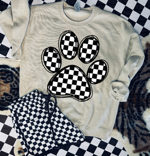 Checkered paw print on sand hoodie, crewneck, long sleeve or tee - Mavictoria Designs Hot Press Express