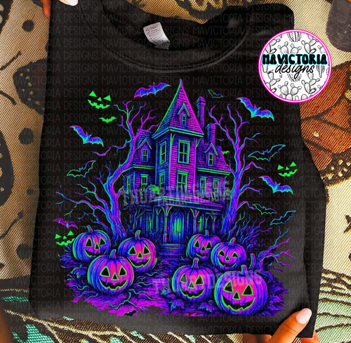 Neon haunted house on black hoodie, crewneck, long sleeve or tee - Mavictoria Designs Hot Press Express