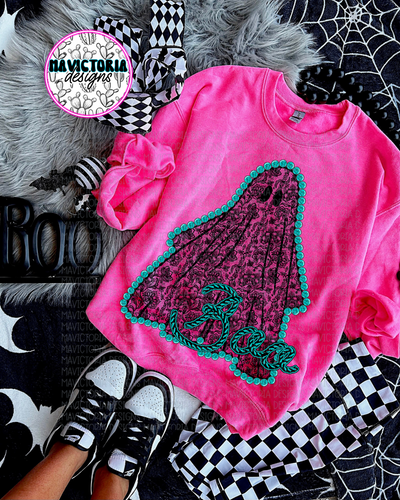 Black lace ghost with turquoise on NEON PINK hoodie, crewneck, long sleeve or tee - Mavictoria Designs Hot Press Express